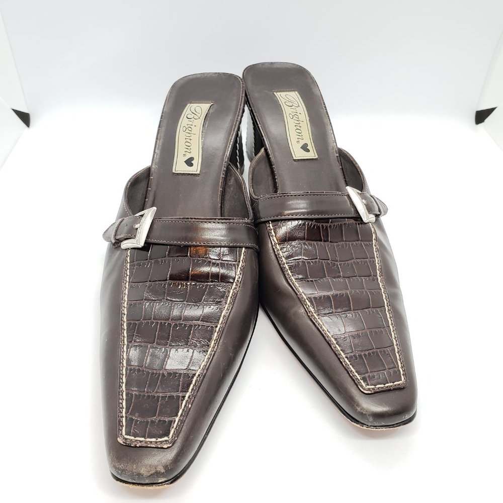 Vtg Brighton Heels 10M Brown Leather Buckle Mules Square Point Toe Shoes Career